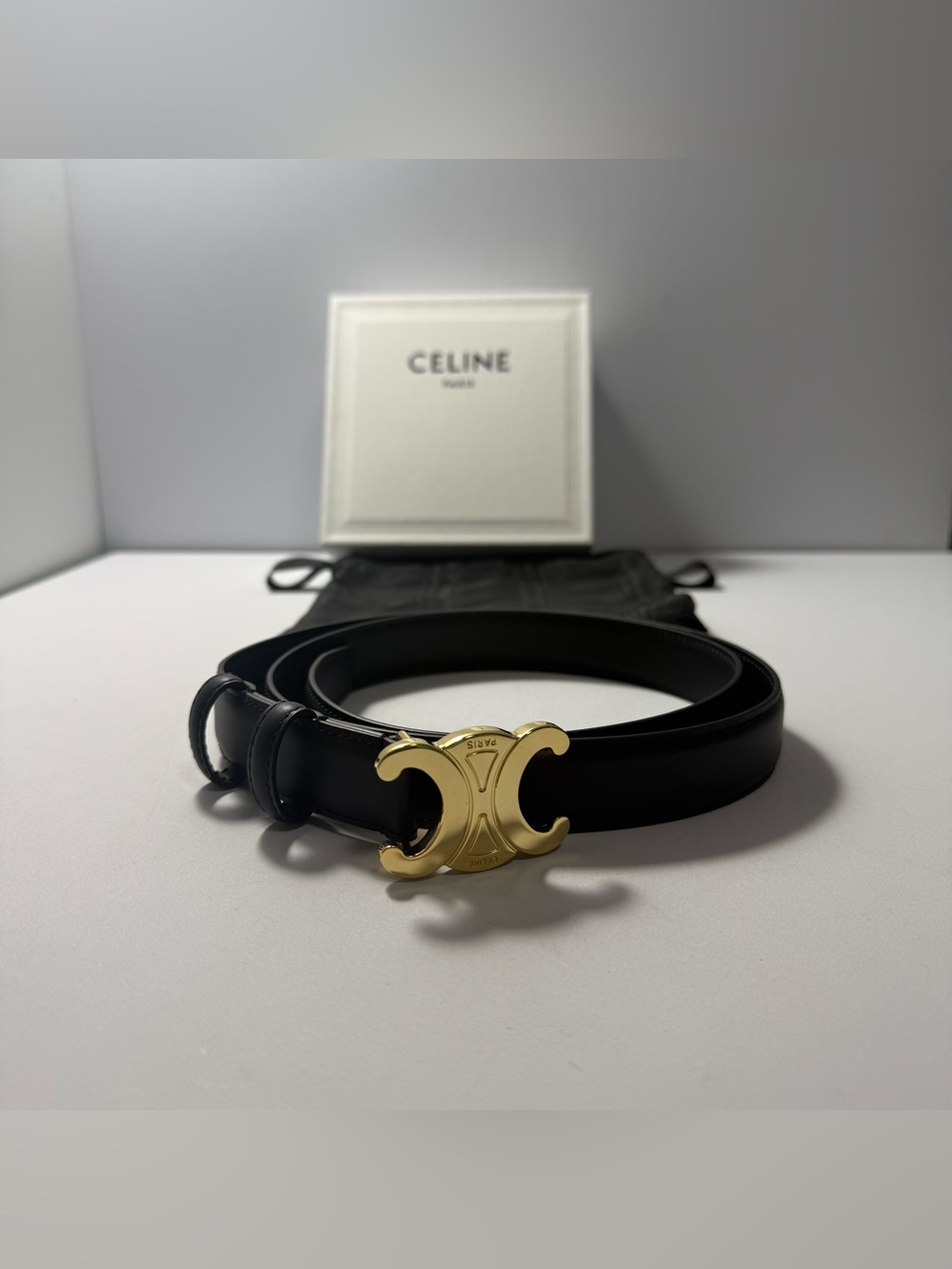 Celine Black Leather Belt with Gold Triomphe Buckle